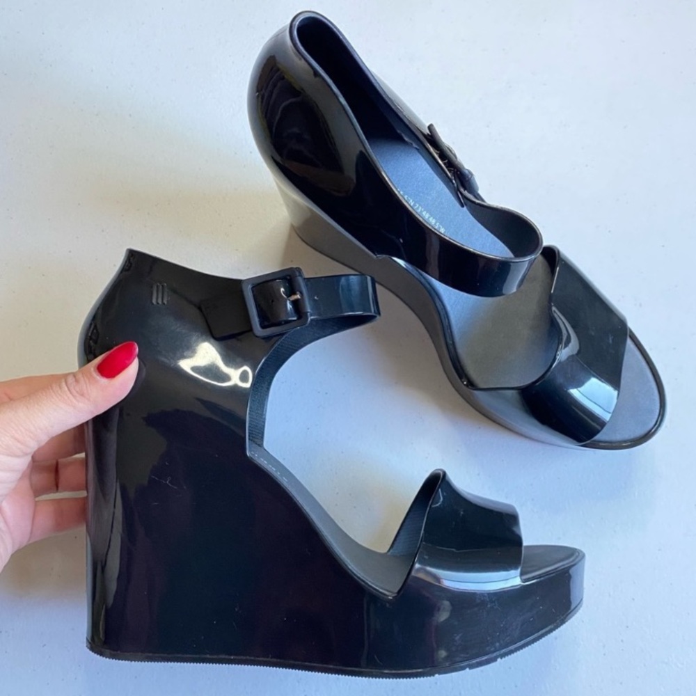 Melissa Shoes Black Wedge Peep Toe Sandal High Heel Wedges Vegan Platform Shoe